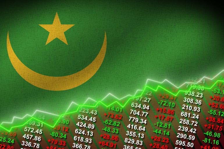 Mauritania Realistic Flag – Stock Market Numbers and Zigzag Arrow - Economic Grow Concept, 3D Illustration