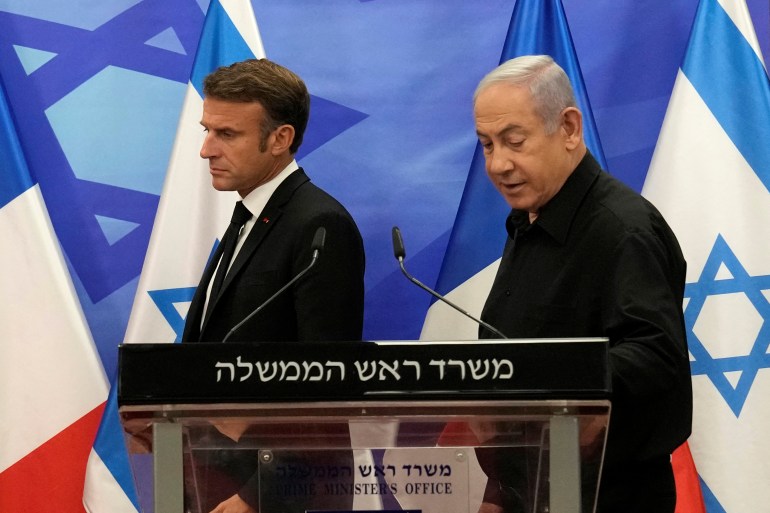 Israeli Prime Minister Benjamin Netanyahu and French President Emmanuel Macron hold a joint press conference, amid the Israeli-Hamas conflict, in Jerusalem, October 24, 2023. Christophe Ena/Pool via REUTERS