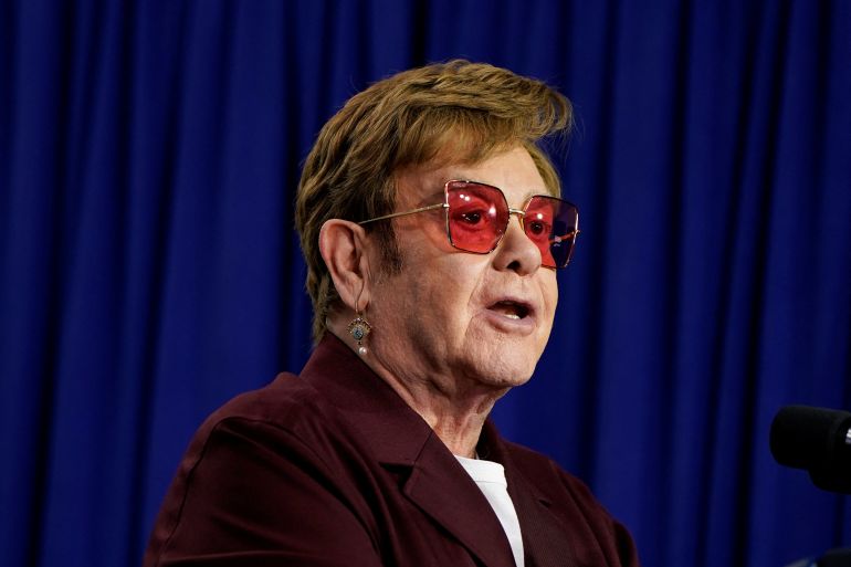 Elton John speaks during the Stonewall National Monument Visitor Center Grand Opening Ceremony at the Stonewall Inn to mark the 55th anniversary of the 1969 Stonewall riots in Greenwich Village, New York, U.S., June 28, 2024. REUTERS/Elizabeth Frantz