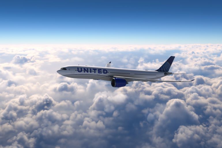 AirBus A330 United Airlines flying over the clouds, 24 Mar, 2024, Sao Paulo, Brazil.