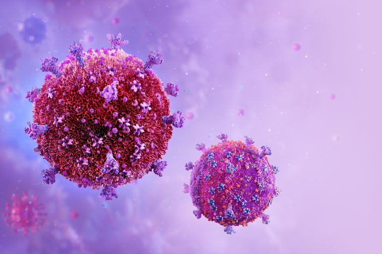 HIV virus cells. Scientifically accurate human immunodeficiency virus (HIV) close-up view. Acquired immunodeficiency syndrome AIDS 3D medical illustration. HIV viral particles with membrane, proteins shutterstock_1912226668