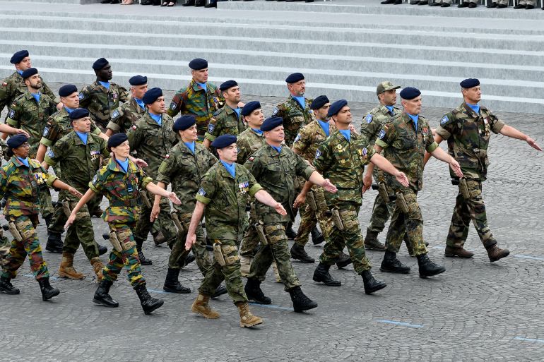 PARIS, FRANCE - JULY 14: Eurocorps soldiers march during the annual Bastille Day military parade in Paris, France on July 14, 2019. (Photo by Mustafa Yalcin/Anadolu Agency/Getty Images)