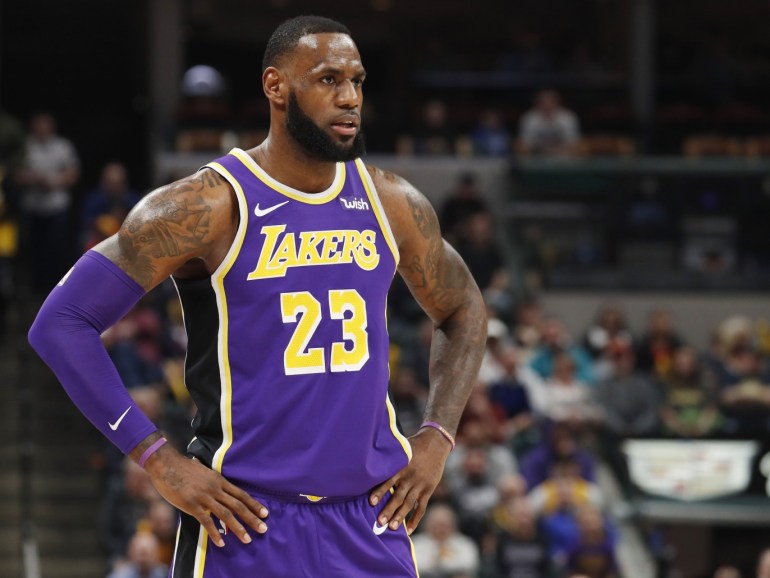 Feb 5, 2019; Indianapolis, IN, USA; Los Angeles Lakers forward LeBron James (23) watches the Indiana Pacers shoot a free throw during the first quarter at Bankers Life Fieldhouse. Mandatory Credit: Brian Spurlock-USA TODAY Sports