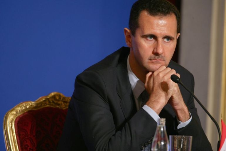 FRANCE - JULY 12: Lebanese President Michel Sleiman, Qatari Emir Hamad Bin Khalifa Al Thani, French President Nicolas Sarkozy And Syrian President Bashar Al-Assad Attend A Press Conference At The Elysee Palace On The Eve Of Paris, In Paris, France On July 12, 2008 - Lebanese president Michel Sleiman, Qatari Emir Hamad Bin Khalifa Al Thani, French president Nicolas Sarkozy and Syrian President Bashar Al-Assad attend a press conference at the Elysee Palace on July 12, 2008 in Paris, on the eve of the Paris summit of the Mediterranean countries - Leaders from some 40 countries -- rich and poor, foes and friends -- meet in Paris on Sunday to launch the Union for the Mediterranean, a flagship project of Nicolas Sarkozy. (Photo by Pool BENAINOUS/HOUNSFIELD/Gamma-Rapho via Getty Images)