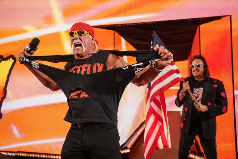 INGLEWOOD, CALIFORNIA - JANUARY 06: Hulk Hogan with Jimmy Hart along side address the crowd during RAW at Intuit Dome on January 6, 2025 in Inglewood, California. (Photo by WWE/Getty Images)