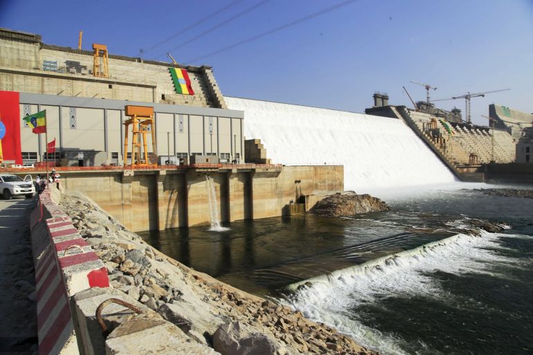 BENISHANGUL-GUMUZ, ETHIOPIA - FEBRUARY 19: A view of Grand Ethiopian Renaissance Dam, a massive hydropower plant on the River Nile that neighbors Sudan and Egypt, as the dam started to produce electricity generation in Benishangul-Gumuz, Ethiopia on February 19, 2022. Ethiopia built the dam on the Nile River in Guba, Benishangul Gumuz Region. The construction of the Grand Ethiopian Renaissance Dam has caused a row between Ethiopia and Egypt and Sudan. (Photo by Minasse Wondimu Hailu/Anadolu Agency