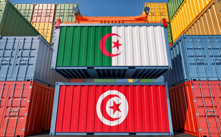 Cargo containers with Algeria and tunisia national flags. 3D Rendering