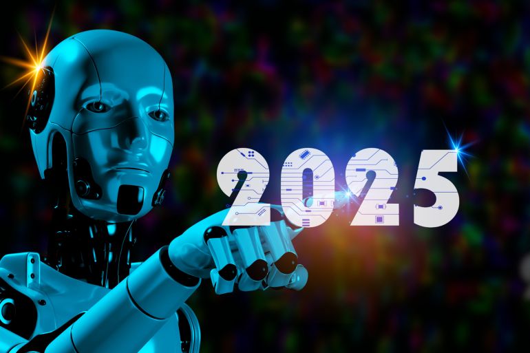 3d robotic render touching 2025 on circuit diagram start artificial intelligence technology developing on new year