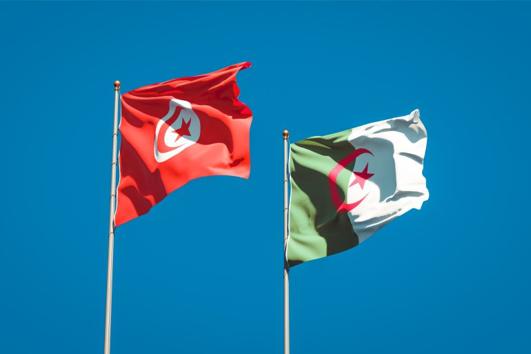 Beautiful national state flags of Tunisia and Algeria together at the sky background. 3D artwork concept.