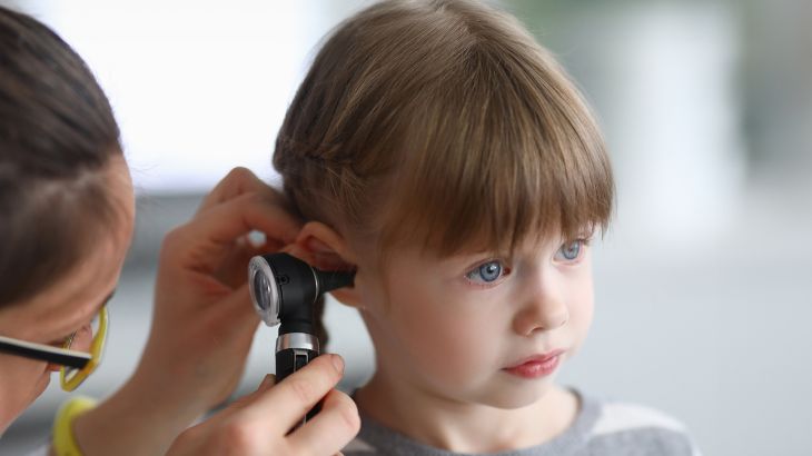 Otorhinolaryngologist examines little girl's ear with otoscope. Adenoiditis as cause of otitis media in children concept.; Shutterstock ID 2445704843; purchase_order: aj; job: ; client: ; other: