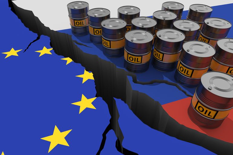 Oil barrels on background of the flags of Russia and European Union. World financial sanctions on russian oil and gas because of the invasion of Ukraine. Oil embargo. 3D render