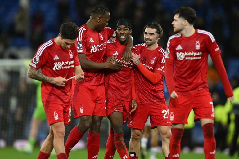 The Reds celebrate victory during the Premier League match between Everton and Nottingham Forest at Goodison Park in Liverpool, England, on December 29, 2024. (Photo by MI News/NurPhoto via Getty Images)