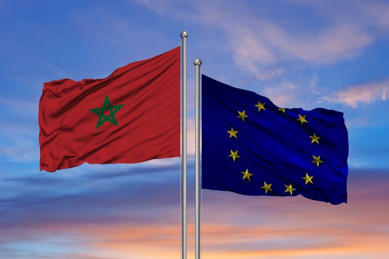 flag of europe and morocco on a sky background