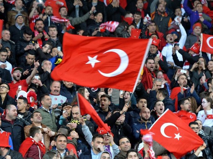 amsterdam, netherlands - march 28: fans of turkish national football team during the euro 2016 qualifying round football match between netherlands and turkey.